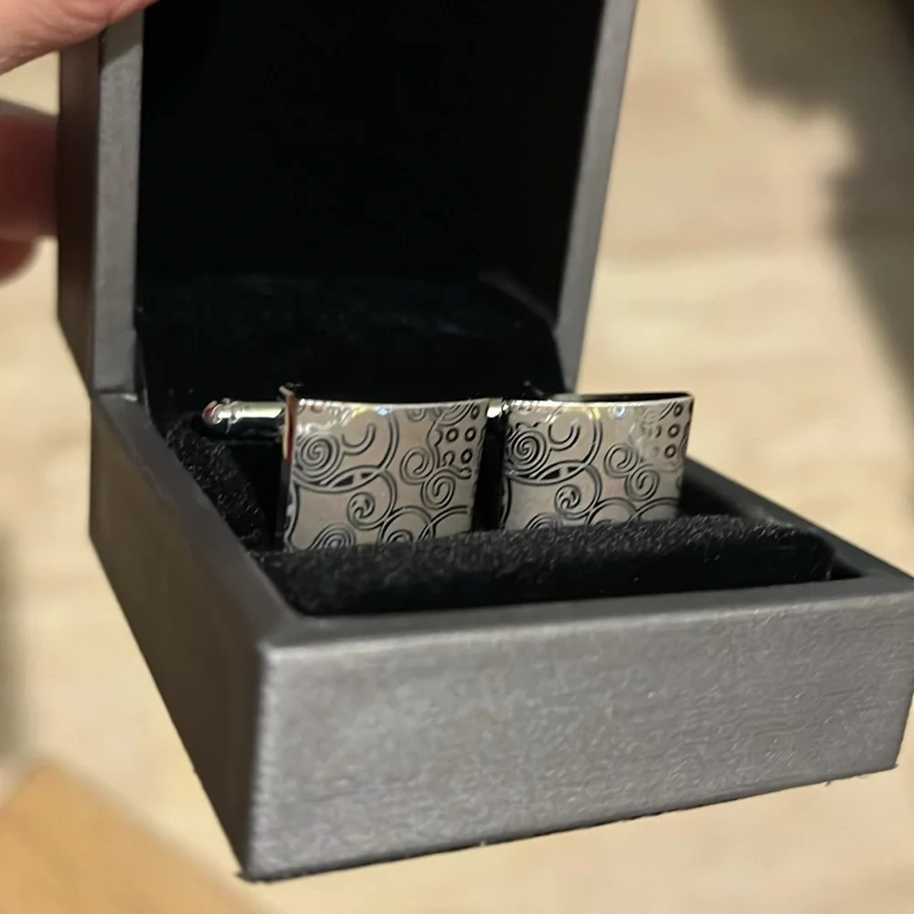 NEW Silver Cuff Links Laser Engraved Rectangle, by JZ Selected, gift box